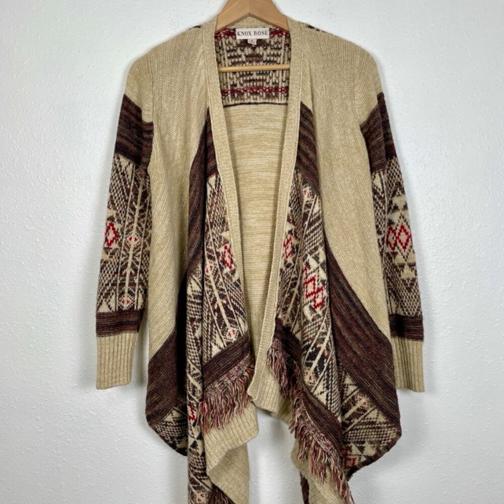 Target Knox Rose Boho Knit Fringe Neutral Poncho Cardigan Size: Medium - Picture 2 of 14